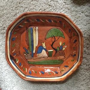 Vintage Mexico Folk Art Red Clay Pottery Hand Painted Dish